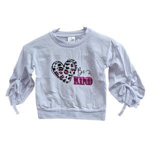 Girls White "Be Kind" Sweatshirt With Heart Graphic & Bow Sleeves 3T